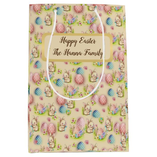 Schattigee Waterverf Paaseieren, Konijntje en Bloe Medium Cadeauzakje (Voorkant)