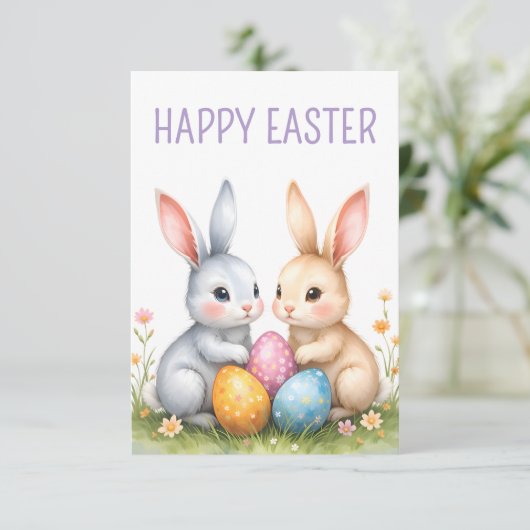 Schattigee Waterverf paashaas Happy Easter Kaart (Staand voorkant)