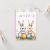 Schattigee Waterverf paashaas Happy Easter Kaart (Voorkant / Achterkant in situ)