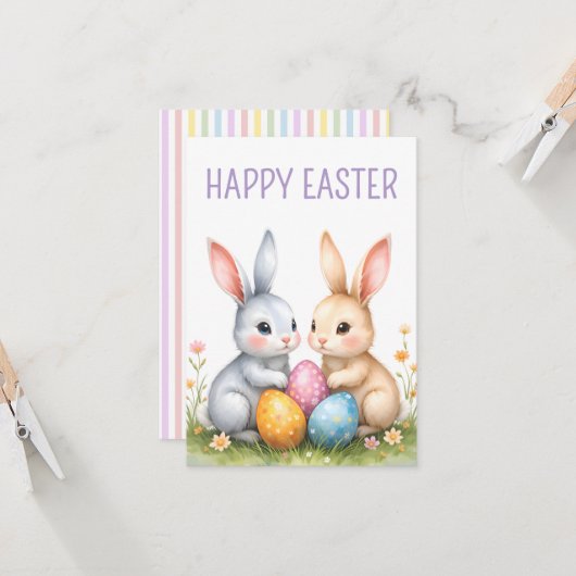Schattigee Waterverf paashaas Happy Easter Kaart (Voorkant / Achterkant in situ)