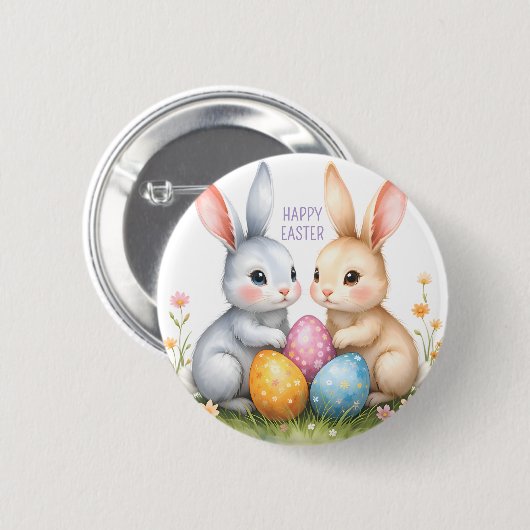 Schattigee Waterverf paashaas Happy Easter Ronde Button 5,7 Cm (Voorkant /achterkant)