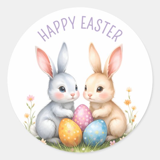 Schattigee Waterverf paashaas Happy Easter Ronde Sticker (Voorkant)