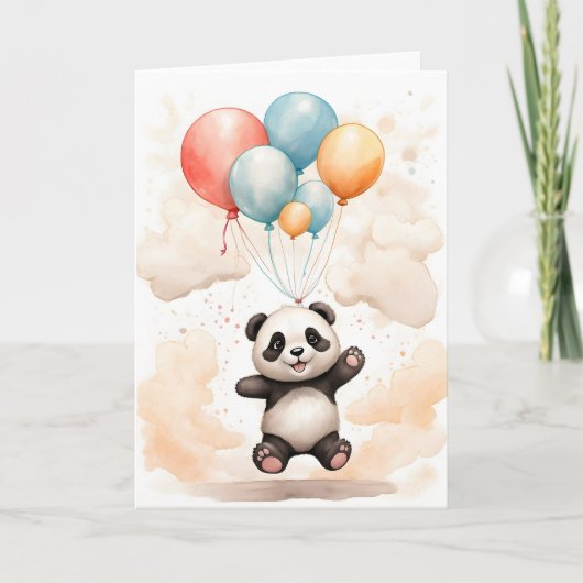 Schattigee Waterverf Panda Geel Blauwe Ballonnen B Kaart (Voorkant)