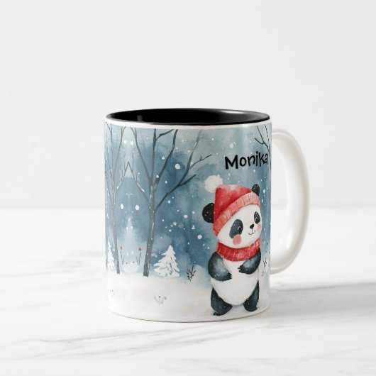 Schattigee Waterverf Panda winterbos gepersonalise Tweekleurige Koffiemok (Voorkant rechts)