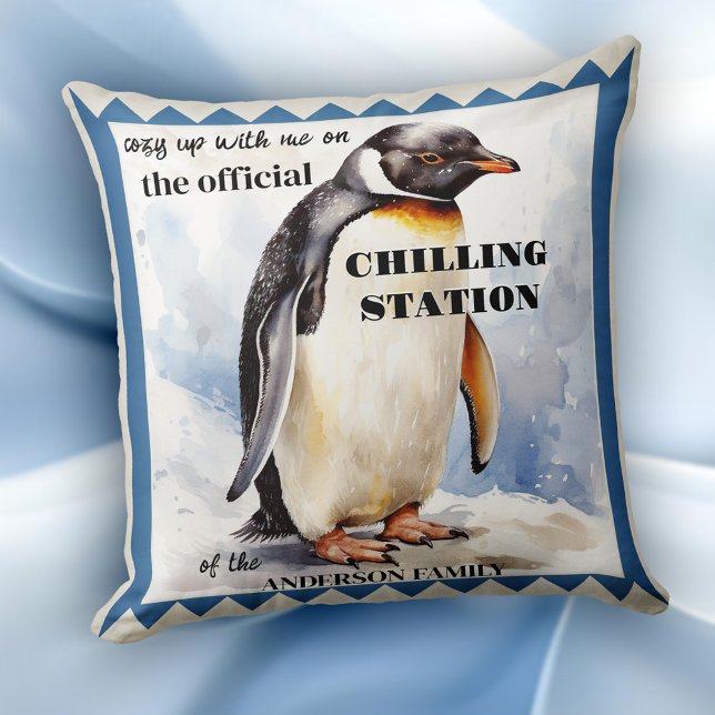 Schattigee Waterverf Penguin Chilling Station Kussen (Winter pillow featuring a watercolor painting of a cute penguin with your own funny texts)