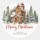 Schattigee waterverf peperkoek huis winterbos ronde sticker (Voorkant)