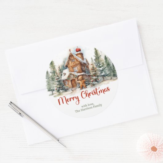 Schattigee waterverf peperkoek huis winterbos ronde sticker (Envelop)