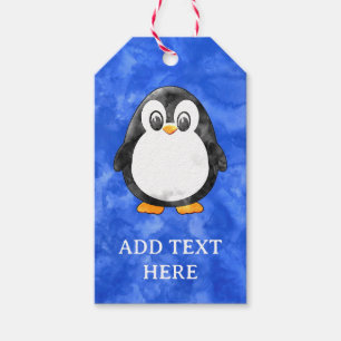 Schattigee Waterverf pinguïn blauw Cadeaulabel