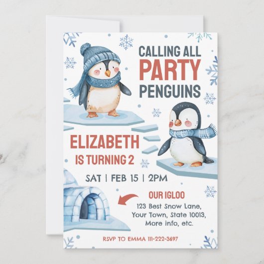Schattigee Waterverf Pinguïn Verjaardagsuitnodigin Kaart (Voorkant)