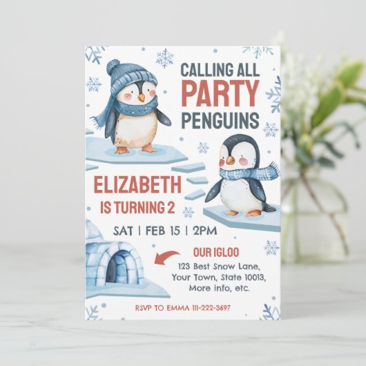 Schattigee Waterverf Pinguïn Verjaardagsuitnodigin Kaart (Staand voorkant)