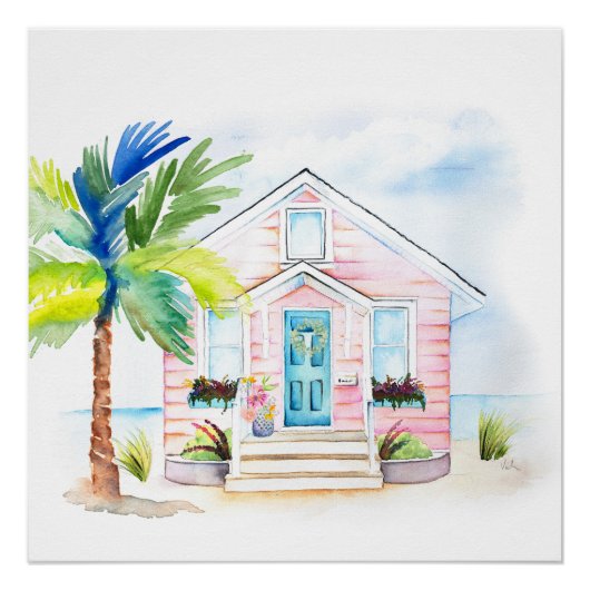 Schattigee Waterverf Pink Beach House Perfect Poster (Voorkant)