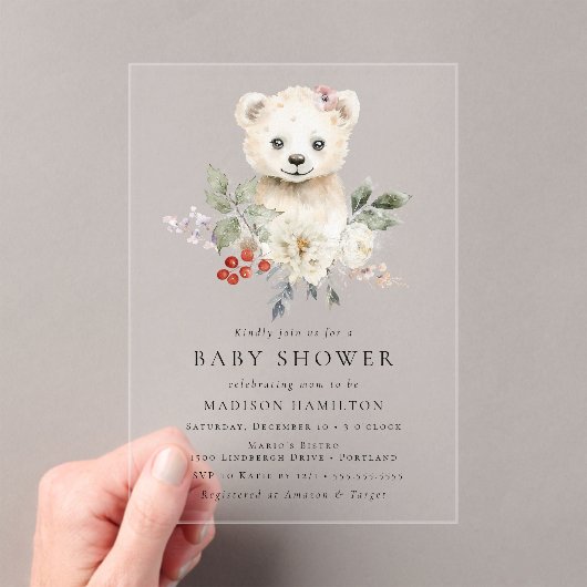 Schattigee Waterverf Polar Beer Winter Baby shower Acryl Uitnodigingen (Insitu (Draagbaar))