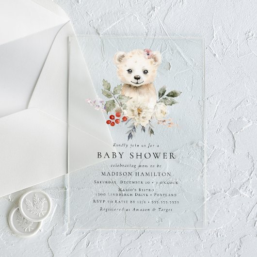 Schattigee Waterverf Polar Beer Winter Baby shower Acryl Uitnodigingen