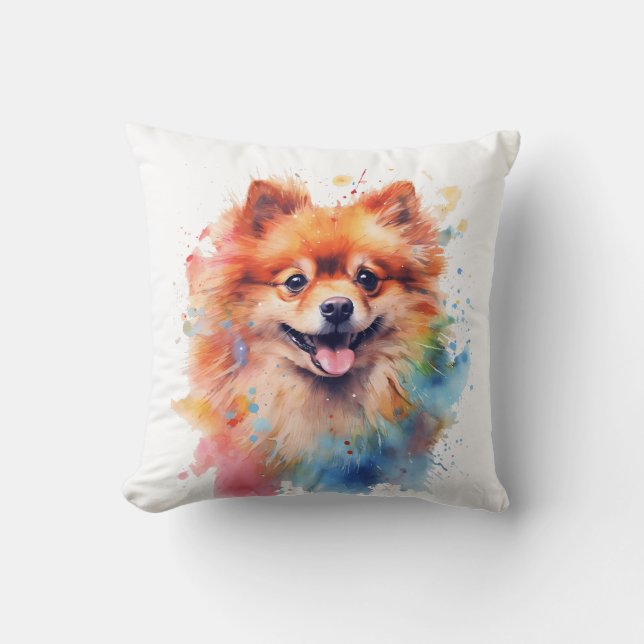 Schattigee Waterverf Pommerse hond Kussen (Voorkant)
