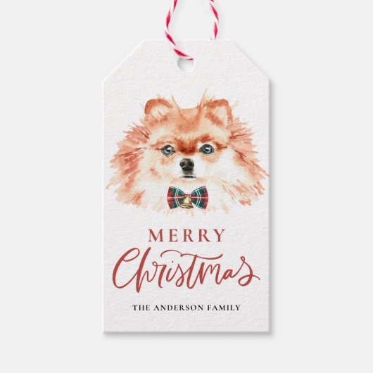 Schattigee Waterverf Pommerse Hond Vrolijk Kerstfe Cadeaulabel (Voorkant)