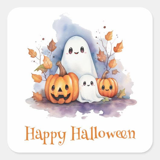 Schattigee Waterverf Pompoenen Geesten Happy Hallo Vierkante Sticker (Voorkant)