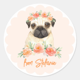 Schattigee Waterverf Pug en Perzikbloemen Verjaard Ronde Sticker