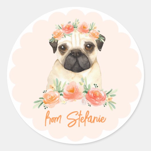 Schattigee Waterverf Pug en Perzikbloemen Verjaard Ronde Sticker (Voorkant)