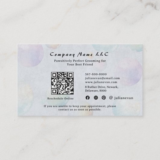 Schattigee Waterverf Puppy Bubble Suds Dog Groomer Afsprakenkaartje (Achterkant)