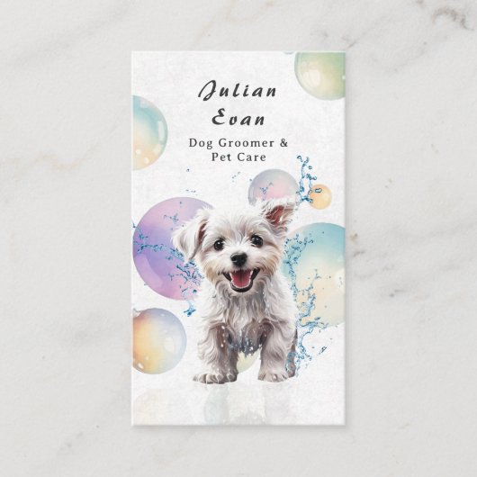 Schattigee Waterverf Puppy Bubble Suds Dog Groomer Visitekaartje (Voorkant)