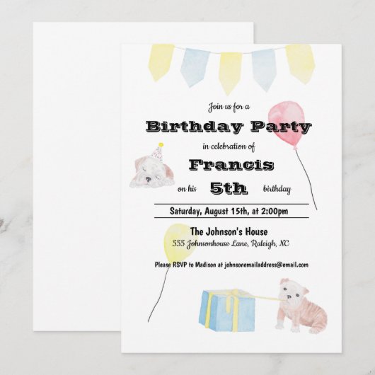 Schattigee Waterverf Puppy Theme Kinderverjaardag Kaart (Voorkant / Achterkant)