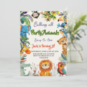 Schattigee Waterverf Quirky Safari Animals Verjaar Kaart (Staand voorkant)