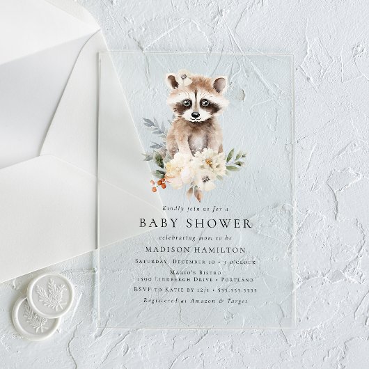 Schattigee Waterverf Raccoon Winter Baby shower Acryl Uitnodigingen