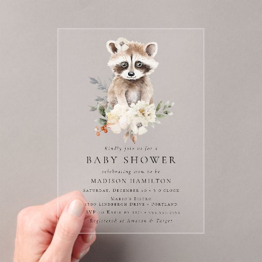 Schattigee Waterverf Raccoon Winter Baby shower Acryl Uitnodigingen (Insitu (Draagbaar))