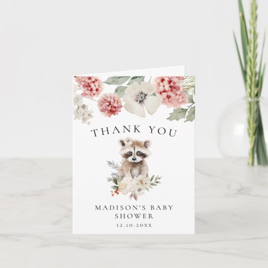 Schattigee Waterverf Raccoon Winter Baby shower Bedankkaart (Voorkant)