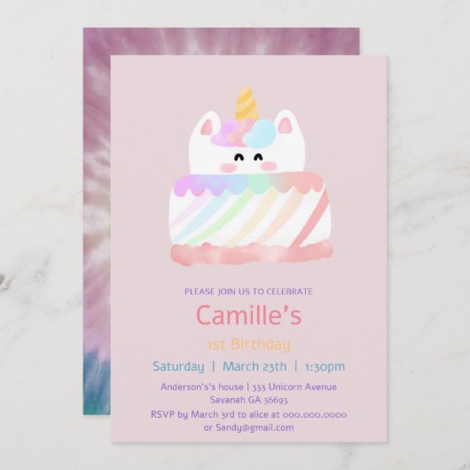 Schattigee Waterverf Rainbow Unicorn Cake 1e verja Kaart (Voorkant / Achterkant)