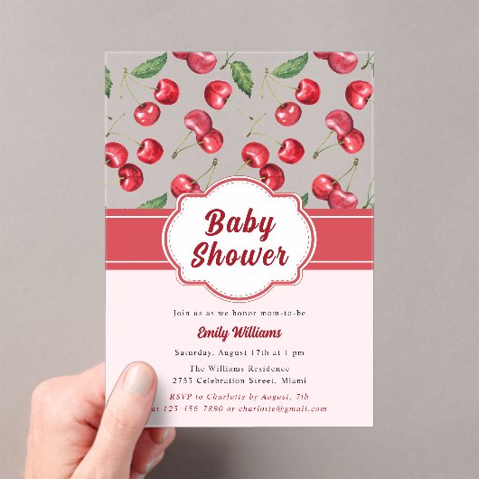 Schattigee Waterverf Red Cherry Baby shower Acryl Uitnodigingen (Insitu (Draagbaar))