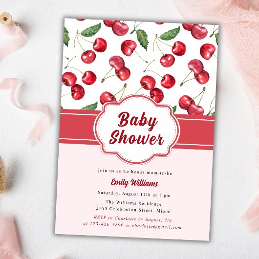 Schattigee Waterverf Red Cherry Baby shower Kaart