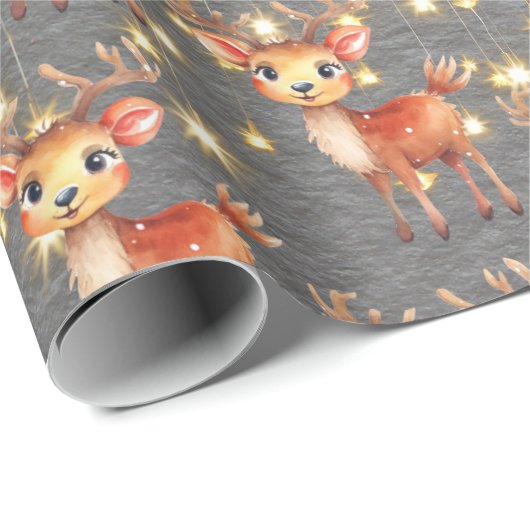Schattigee Waterverf Rendier Christmas Steel Grey Cadeaupapier (Rol Hoek)