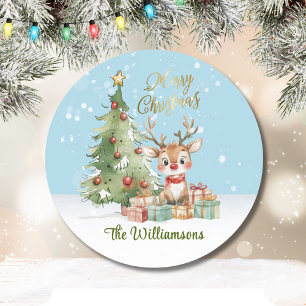 Schattigee Waterverf rendier kerstboom Kaart Ronde Sticker