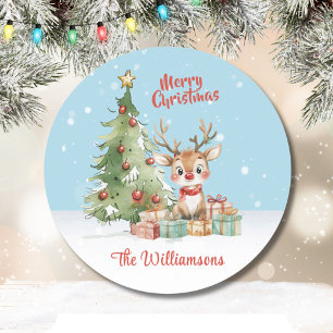 Schattigee Waterverf rendier kerstboom Kaart Ronde Sticker