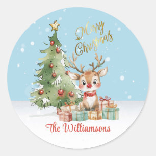 Schattigee Waterverf rendier kerstboom Kaart Ronde Sticker
