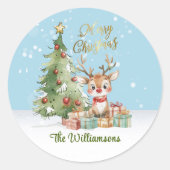 Schattigee Waterverf rendier kerstboom Kaart Ronde Sticker (Voorkant)