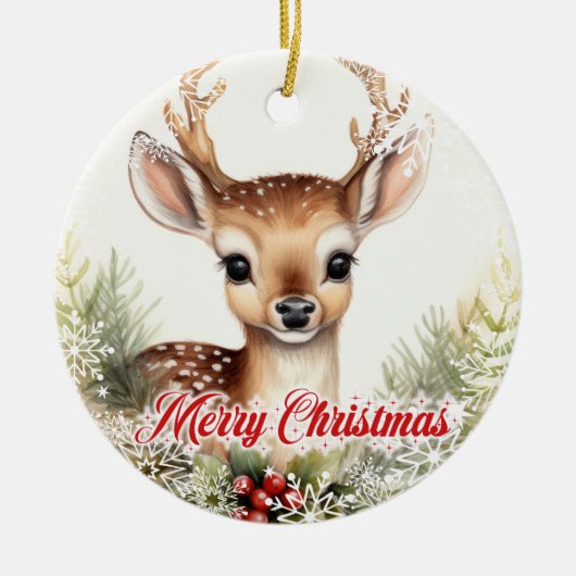 Schattigee waterverf rendieren met hulstbessen keramisch ornament (Voorkant)