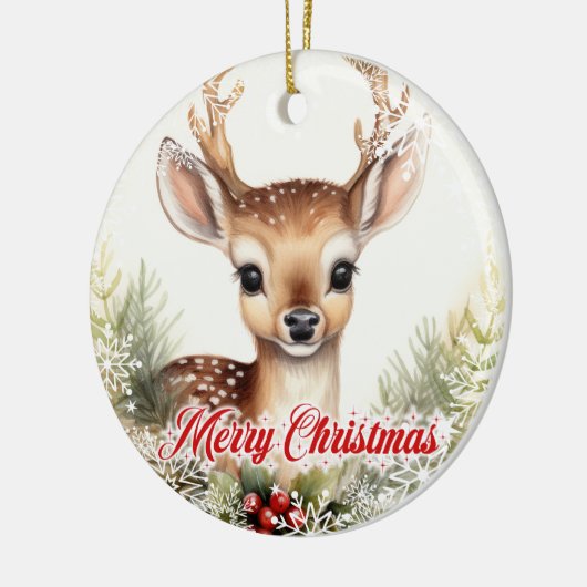 Schattigee waterverf rendieren met hulstbessen keramisch ornament (Links)