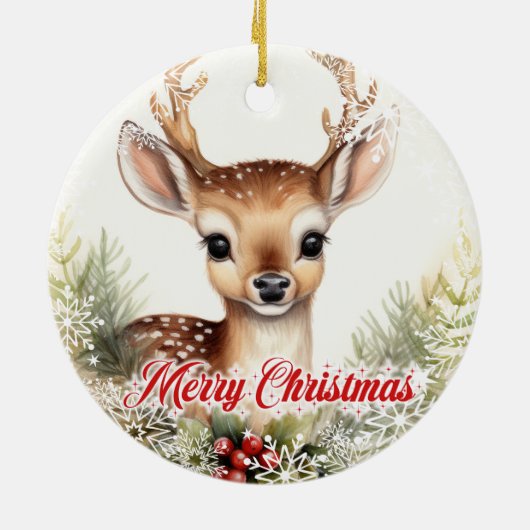 Schattigee waterverf rendieren met hulstbessen keramisch ornament (Achterkant)