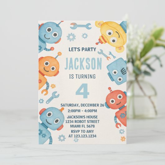 Schattigee Waterverf Robot Kids Verjaardagsuitnodi Kaart (Staand voorkant)
