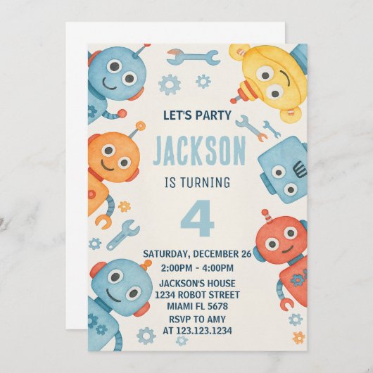 Schattigee Waterverf Robot Kids Verjaardagsuitnodi Kaart (Voorkant / Achterkant)