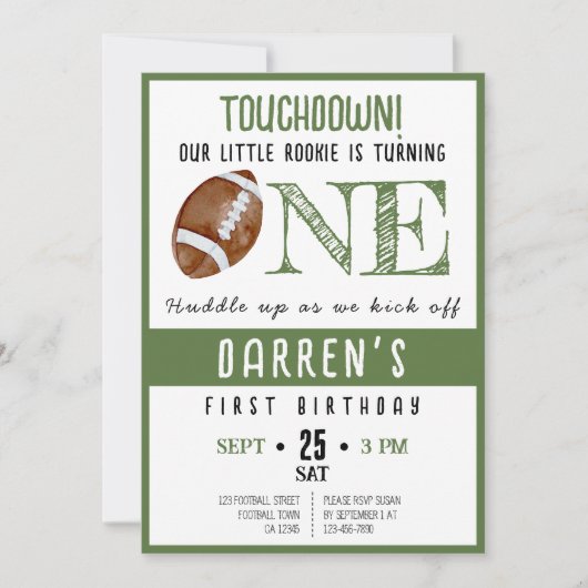 Schattigee Waterverf Rookie Football 1e Verjaardag Kaart (Voorkant)