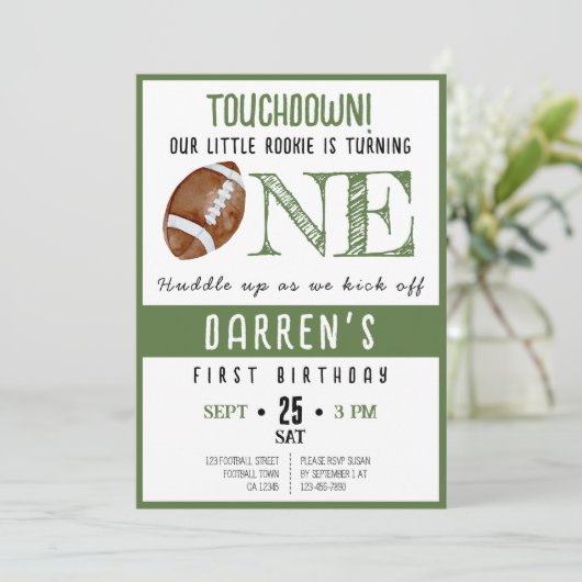 Schattigee Waterverf Rookie Football 1e Verjaardag Kaart (Staand voorkant)