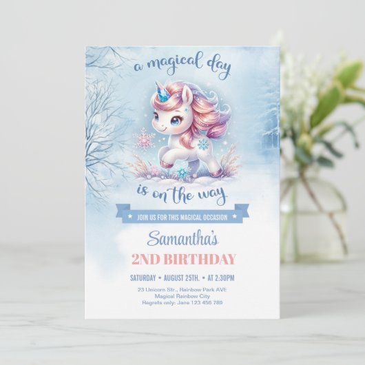 Schattigee waterverf roos gouden en blauwe eenhoor kaart (Staand voorkant)