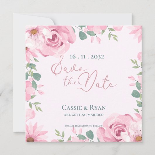 Schattigee Waterverf Roze Bloemen Huwelijk Save th (Voorkant)