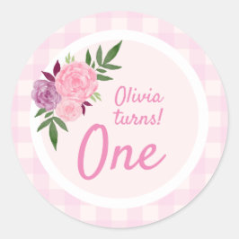 Schattigee Waterverf Roze Bloemen Meisje's 1e Verj Ronde Sticker