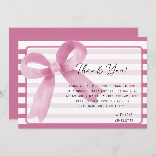 Schattigee Waterverf Roze Bow Baby shower Bedankkaart (Voorkant / Achterkant)