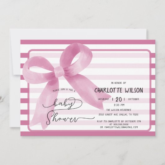 Schattigee Waterverf Roze Bow Baby shower Kaart (Voorkant)