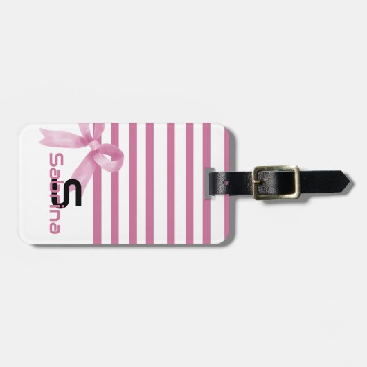 Schattigee Waterverf Roze Bow Stripes Bagagelabel (Voorkant horizontaal)